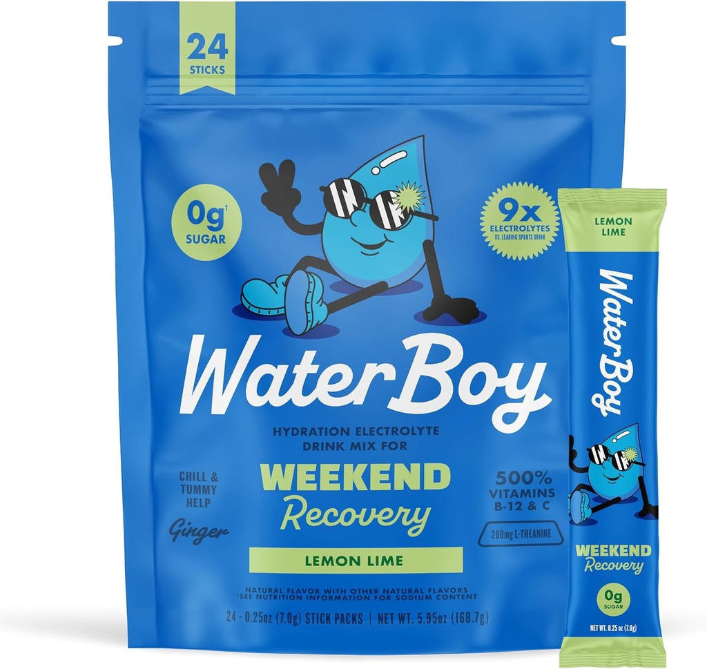 Waterboy Weekend Recovery | 3,200 mg Electrolyte Toz Paketleri | Ginger + L-Theanine + Vitaminler | No Sugar, All Natural, Gluten Free | 24 Iklim Mixes (Lemon Lime)