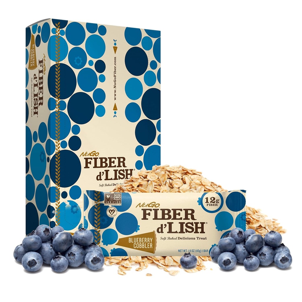 NuGo Fiber d'Lish Bistroie 16 Kont ve Blueberry Cobbler 16 Kont Bars, 12g Fiber, 150-160 Calories