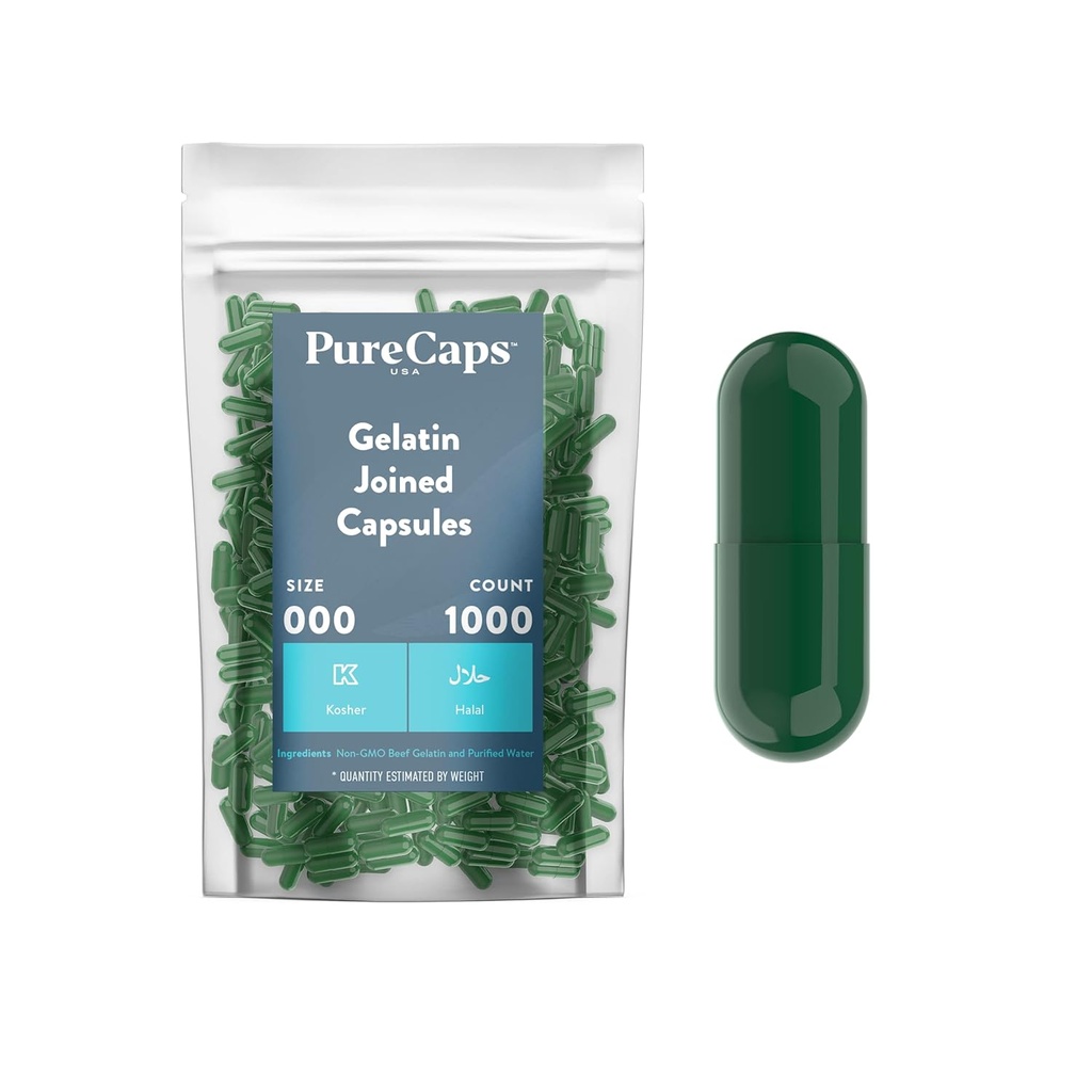 Purecaps ABD - Boş Gelatin Pill Capsules Boyut 000| 1.000 Pills / Yeşil / GMO sertifikalı | SLS, Gluten, Preservative Free Free