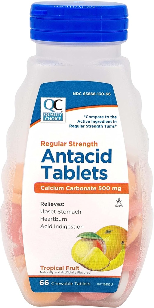 Kalite seçimi, Tropikal Meyve Düzenli Kuvvetli Çelik Karbonat 500 mg, Chewable Antacid Tabletleri, 66 Kont, Kalp ve Asit İndigestion.