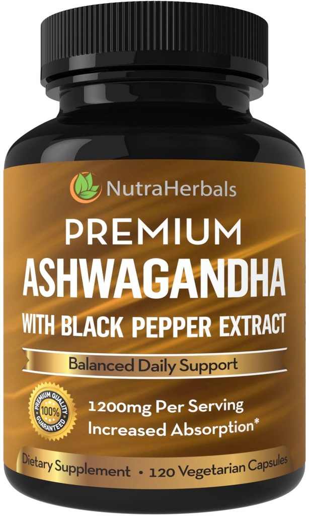 Ashwaganda Supplement, Premium Ashwaganda Root Toz 1200 mg ile artan Absorpsiyon için Siyah Pepper Türlü - 120 Vegi Capsules