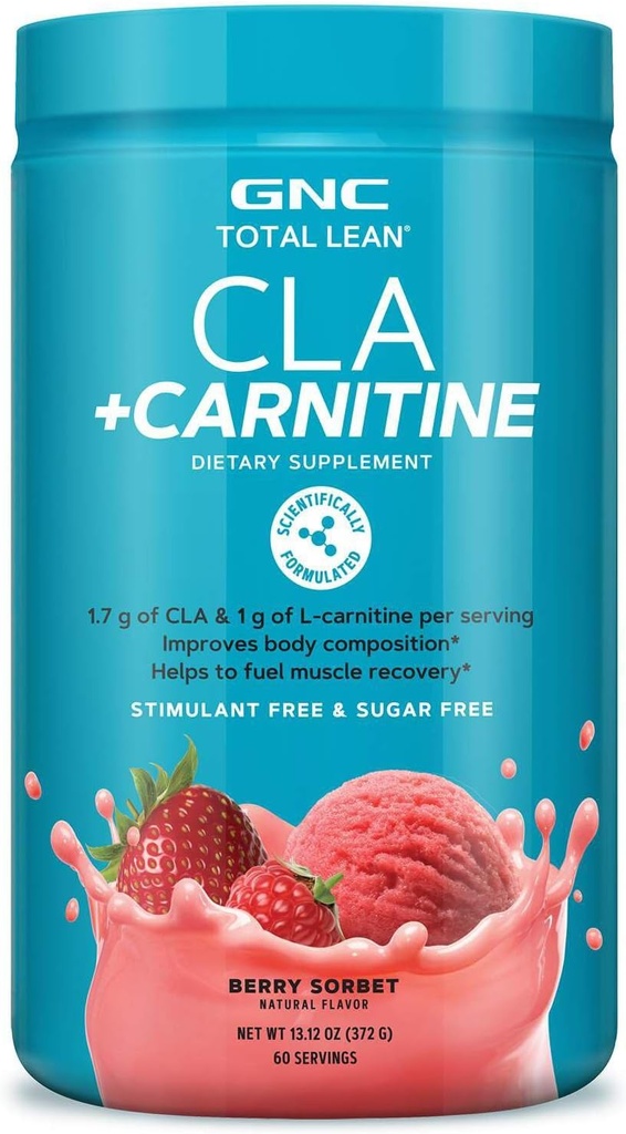 GNC Total Lean CLA + Carnitine | Vücut Kombinasyonu ve Yakıtlar Kas Kurtarma, Stimulant Free ve Sugar Free | Berry Sorbet | 60 Hizmetler