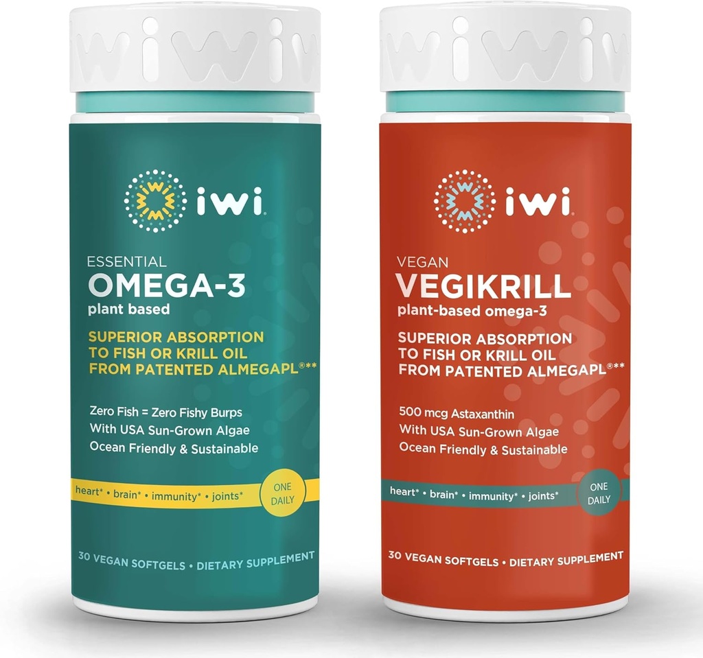 Iwi Omega-3 Essential & Vegikrill Omega-3 Sche, 30 Hizmet, Vegan Plant-Based Algae Omega 3, Krill & Fish Oil Alternative, No Fishy Aftertaste