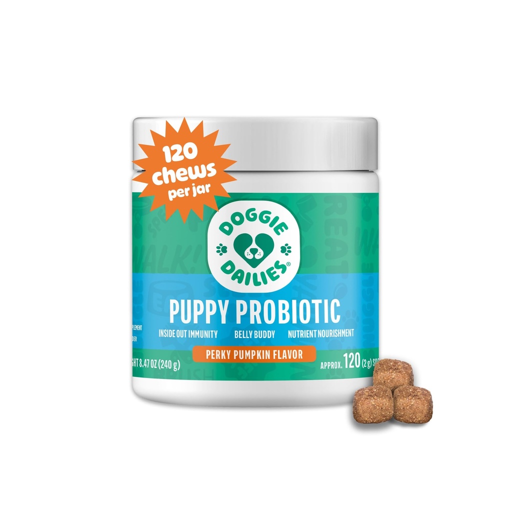 Doggie Dailies Puppy Probiyotik, Probiyotiks for Puppies with Digestive Enzymes, Supports Immune System & General Development (Pumpkin) 120 Soft Chews