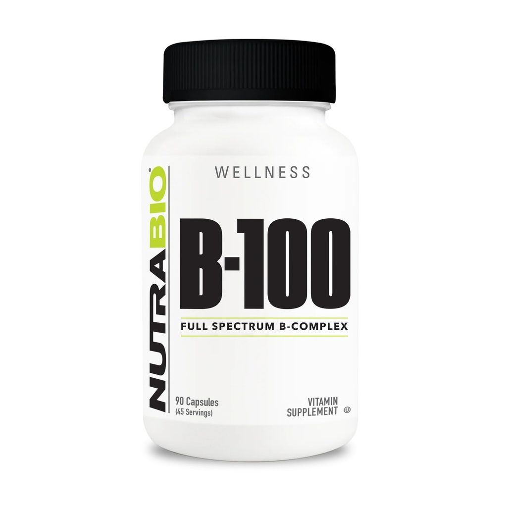 NutraBio B-100, B Vitamin Kompleksi, Immune Sistem Desteği, Sağlıklı Saç, Cilt, Nails, 90 Sebze Kapsülleri