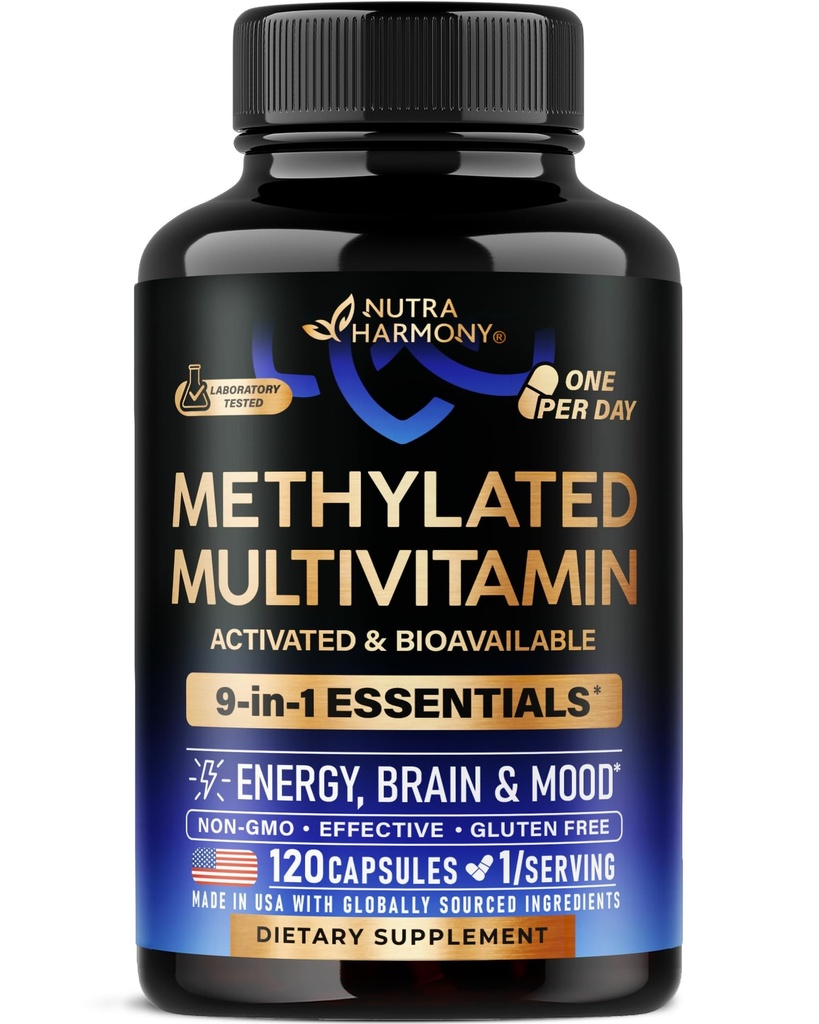 Çokvitamin - B2, B6, 5-MTHF & B12 | Antioksis C & E | Vitamin D3 & K2 - Erkekler ve Kadınlar için - 9-in-1 MTHFR TMG ile Tamam - Enerji, Beyin ve Mood - Vegan - ABD'de Yapıldı - 120 Capsules
