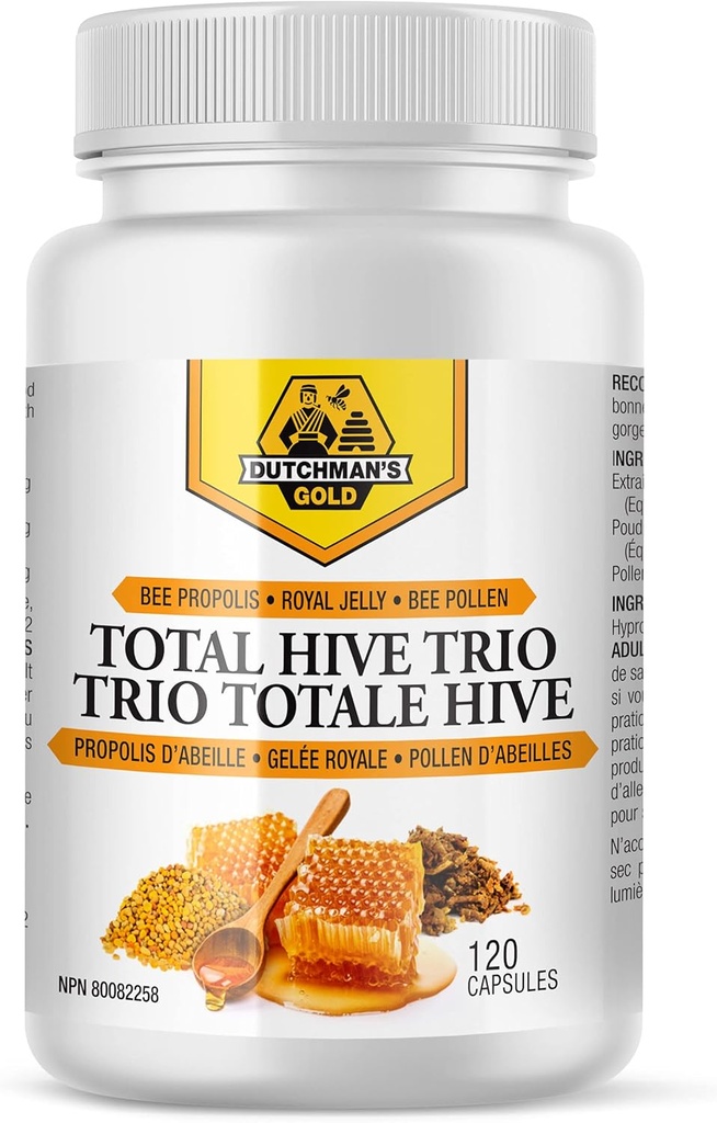 Dutchman's Gold Total Hive Trio Capsules - 120 Veg Caps Approximately 30-60 Servings - Bee Pollen Royal Jelly & Propolis Supplement - Superfoods for Antioxidant Immune Support - Natural Honey Mix