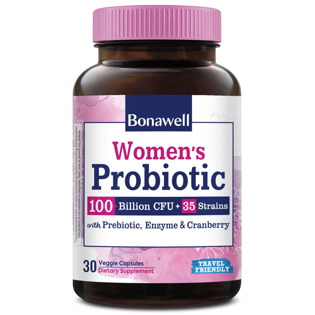 Kadınlar için Bonawell Probiyotikler, Prebiyotikler, Kadın Vaginal Sağlığı için Digestive Enzymes & Organik Cranberry, Digestion & Immunity, Raf-Stable, Gecikmiş-Release, 30 Veggie Caps
