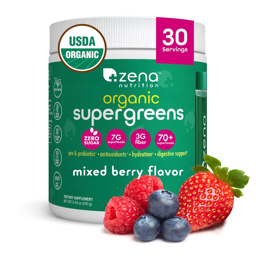 Zena Nutrition Organic Super Greens Powder, 70+ Superfoods, 0 Sugar, 3G Fiber, Spirulina, Chlorella, Antioxidants, Prebiotics/Probiotics, Digestive Enzymes, Mixed Berry, 30 Servings