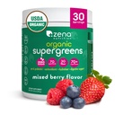 Zena Nutrition Organic Super Greens Powder, 70+ Superfoods, 0 Sugar, 3G Fiber, Spirulina, Chlorella, Antioxidants, Prebiotics/Probiotics, Digestive Enzymes, Mixed Berry, 30 Servings