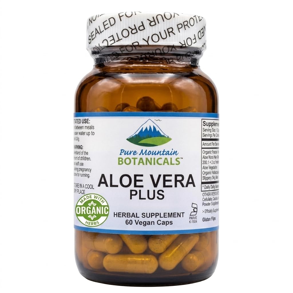 Saf Dağ Botanikleri Aloe Vera Plus Capsules. 200:1 Ekstraksiyon. Kosher Organik Kuru Aloe Vera Gel, Marshmallow Root, Terpery Elm