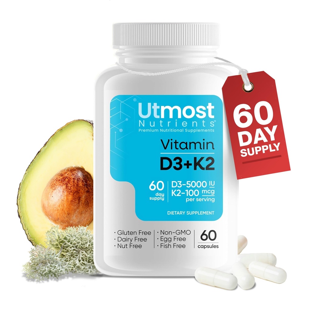 K2-5000iu Vitamin D ve 100 mcg Vitamin K Supplement ile en fazla Bioavailability için bir Kapsülte - Cardiovascular için silikon Absorpsiyon, Immune ve Bone Health (60 Capsules)
