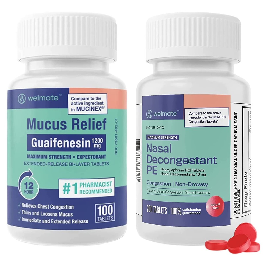 WELMATE Respiratory Relief Sche: Maksimum Güçlü Guaifenesin 1200 Mg Mucus Relief (100 Bi-Layer Tabletleri) + Phenylephrinel HC 10 mg Nasal Decongestant PE (200 Tablet) Sinus, Cold & Alerji Desteği