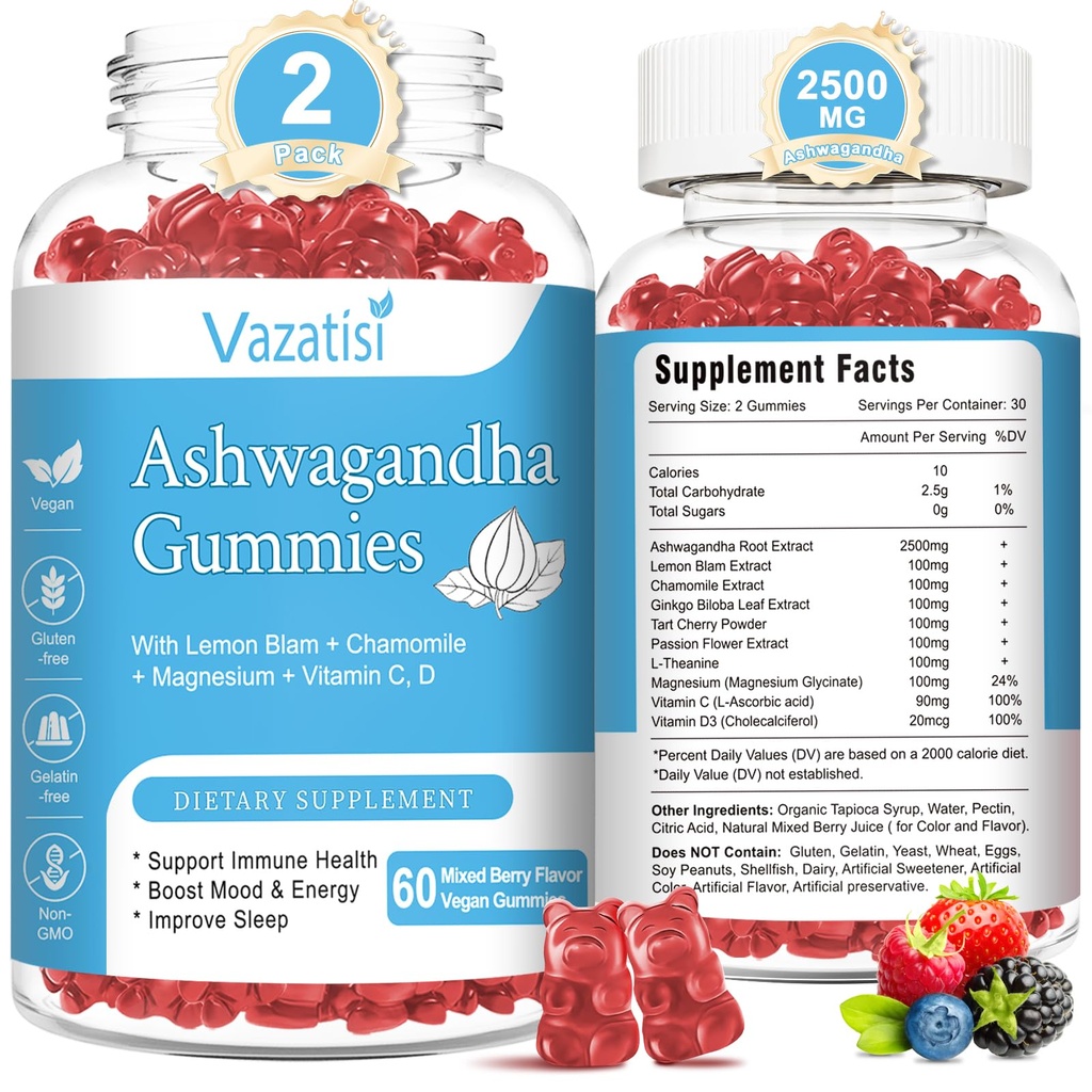 2 Pack Ashwagandha Gummies for Women Men, Sugar Free Organic Ashwagandha Gummies Supplement for Relax Restore Balance, Vegan Gluten Free, 120