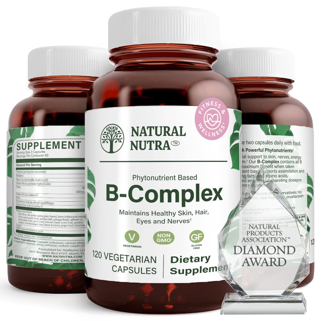 Natural Nutra Vitamin B Complex with Niacin, Folate, Thiamin, Biotin, Supports Nervous System Health, Promotes Metabolism, Skin, Eyes and Hair Health, Whole Food Supplement, 120 Vegetarian Capsules