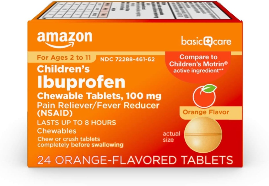 Temel Bakım Çocukların Ibuprofen Chewable Tabletleri, 100 mg, Ağrı Reliever ve Ateşi, Orange Flavor, For Aches, Pains, Sore Throat, Toothache ve Headache Relief, 24 Count