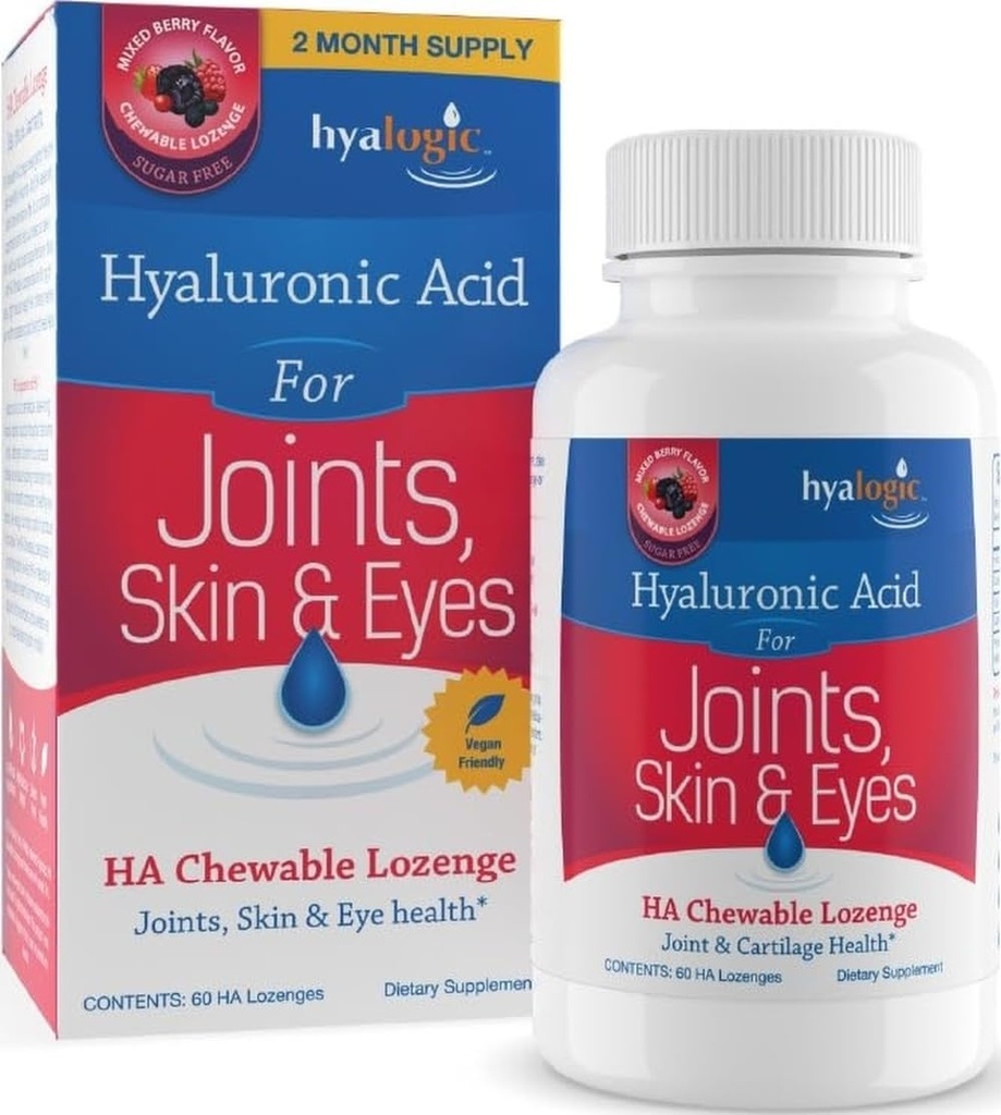 Hyalogic Hyaluronic Acid Chewable Lozenge - Skin Care & Eyes için kullanışlı Tabletler - Vegan, Sugar-Free and Berry Favored Hyaluronic Acid Supplements (60 Count)