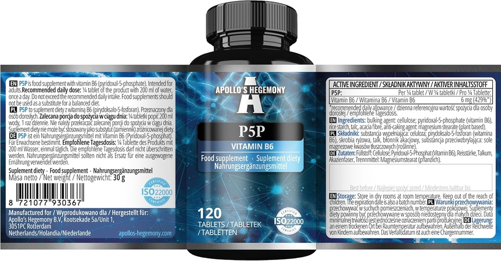 Pyridoxal-5-Phosphate (P-5-P) Tablet başına 50 mg - 120 Vegan Tablet - 480 Hizmet için Tedarik - Destekler Nerve ve Psikolojik Fonksiyonlar -Vitamin B6 Diyet Supplement - Apollo'nun Hegemony