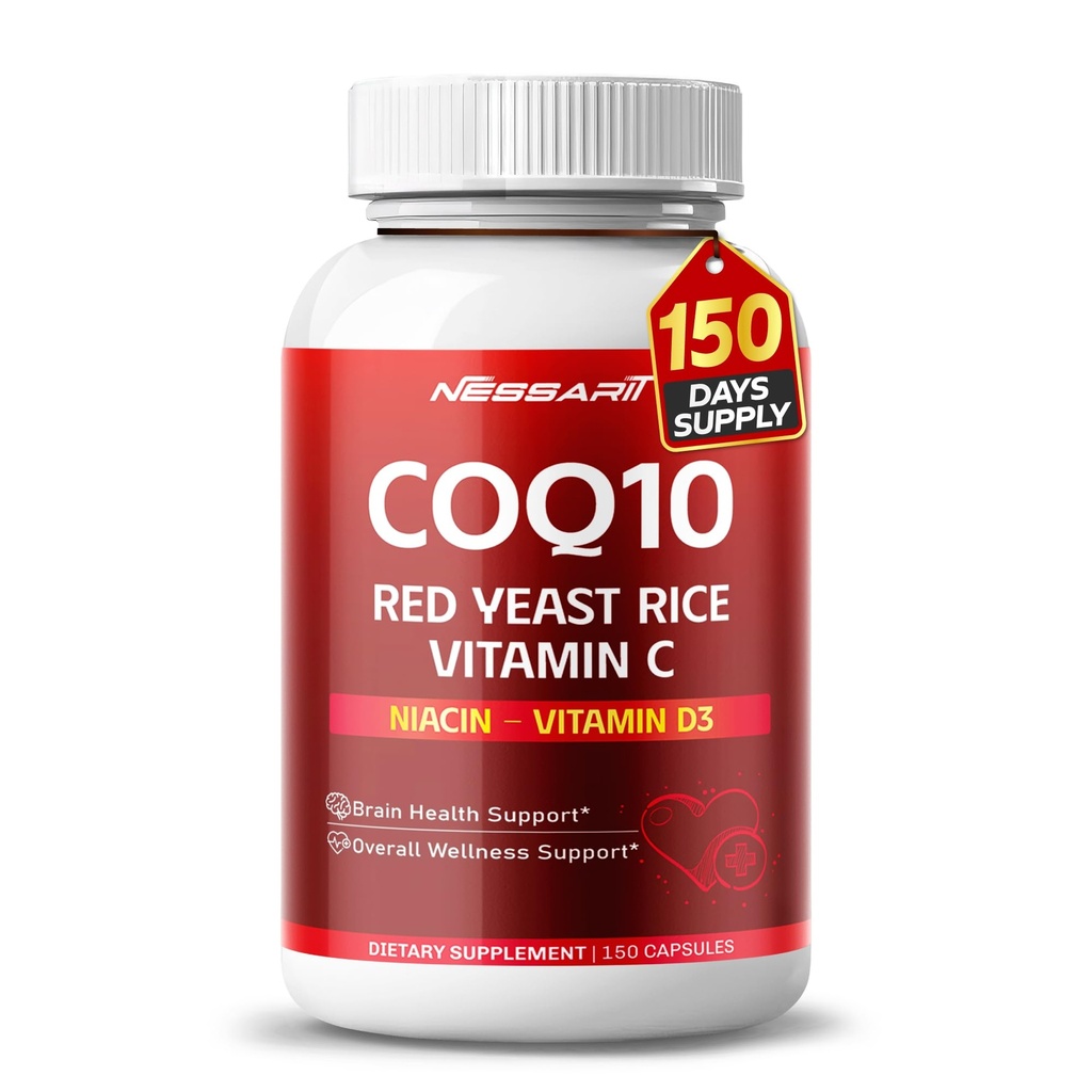 COQ10 + Red Yeast Rice Supplement - 10in-1 Doğal Mix with Omega 3 Vitamin B3, K2, D3, çinko Süt Butle Black Pepper - 150 - ABD'de Yapılan ve Test Edildi