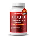 COQ10 + Red Yeast Rice Supplement - 10in-1 Doğal Mix with Omega 3 Vitamin B3, K2, D3, çinko Süt Butle Black Pepper - 150 - ABD'de Yapılan ve Test Edildi