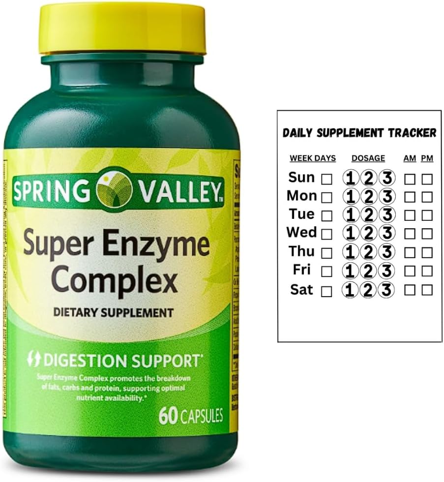 Spring Valley Super Enzyme Kompleksi Digestive Support için Diyetsel Supplement, 60 Capsules + Daily Supplement Tools