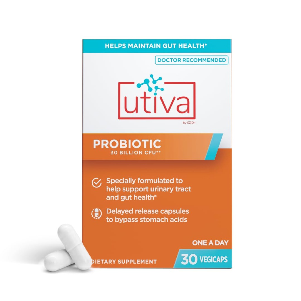 Szio+ Utiva Probiyotik – Urinary Tract ve Gut Health Supplement – 12 Milyar CFU Lactobacillus & Bifidobacterium Probiyotik for Men and Women, 30 Gecikmiş Yayın Vegi Capsules