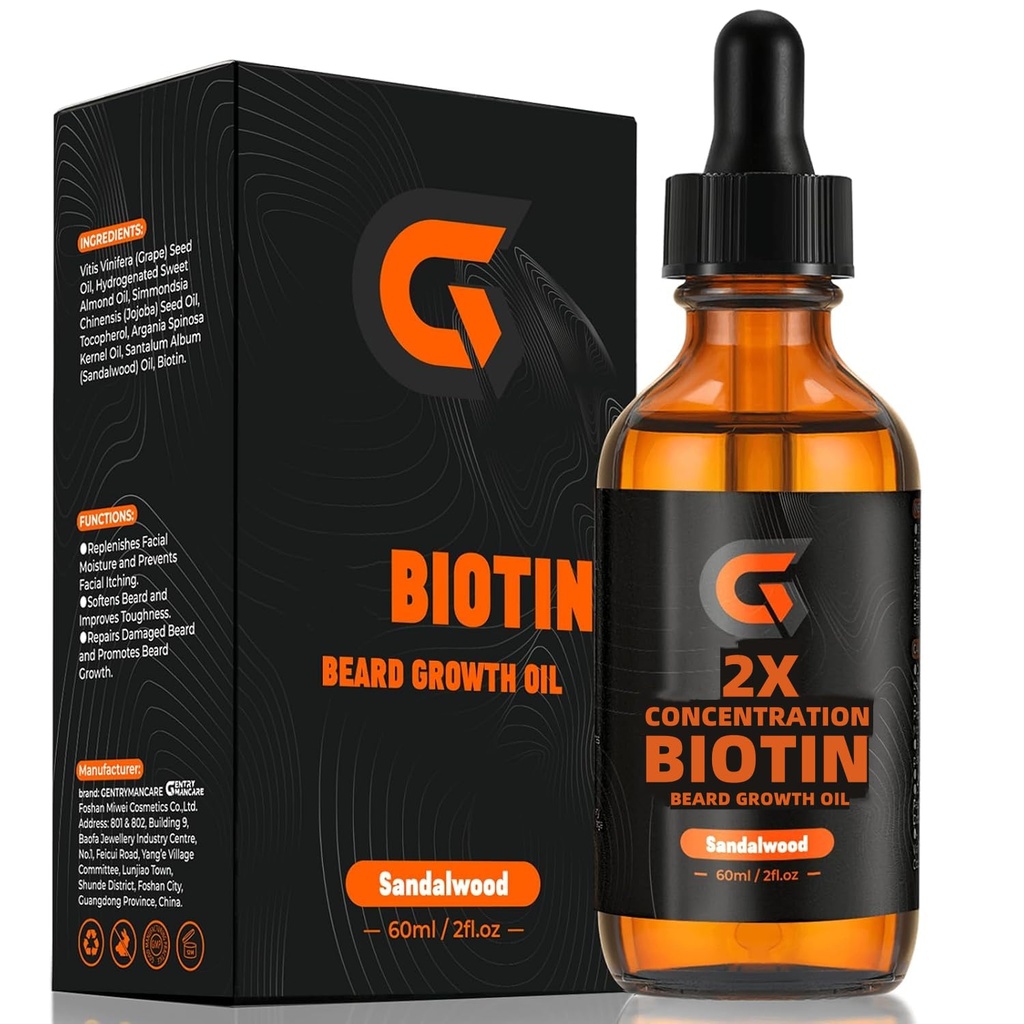 2X Concentration Biotin Beard growth Oil for Men - Leave-In Durumer & Softener - Moisturizes, Tiens, Supports & Promosyonlar Yüz Saç Büyümesini Destekler - Organik Argan & Jojoba Oil - 2fl. Oz Oz Oz