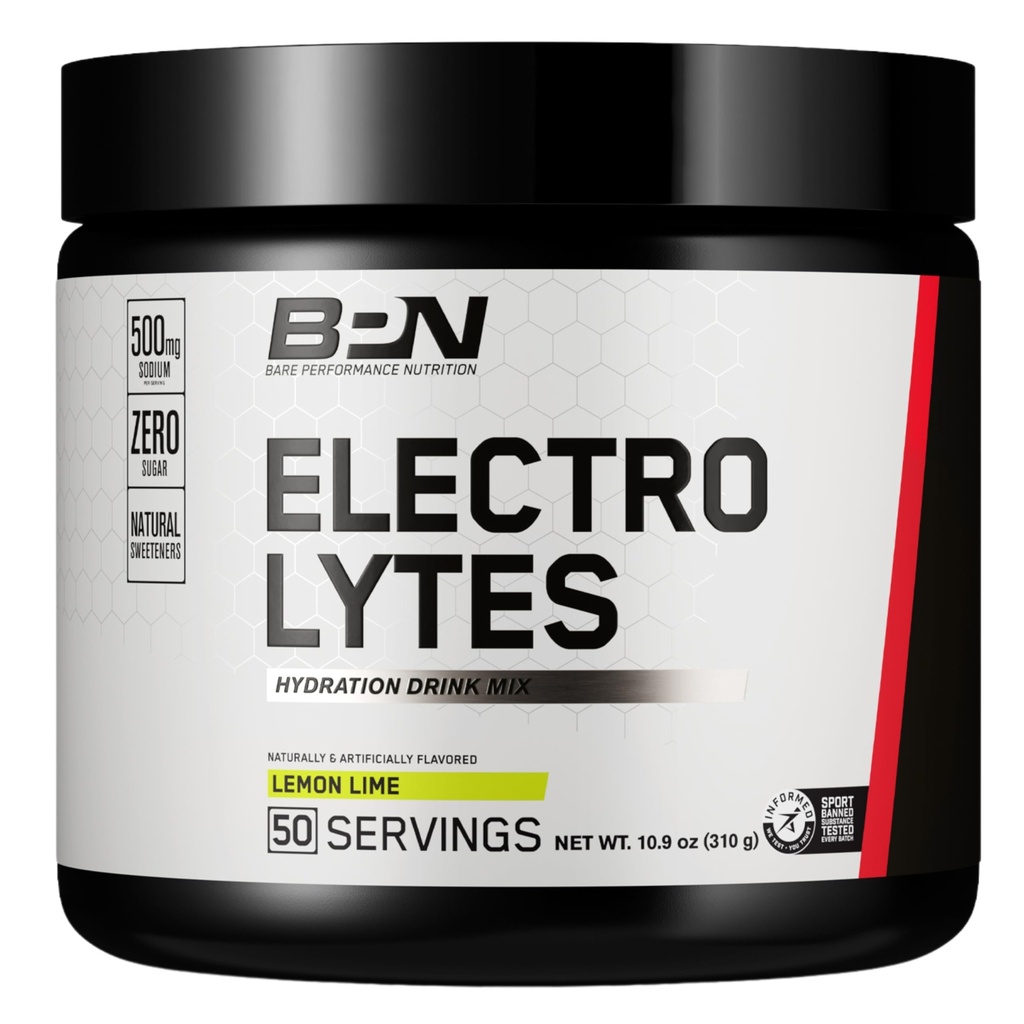 BARE PERFORMANCE NUTRITION BPN Electrolytes Hydration Drink Mix | Sugar Free Electrolyte Toz | 500 mg Sodyum per Service | Doğal olarak Tatlılanmış | Limon Lime, 50 Hizmetler