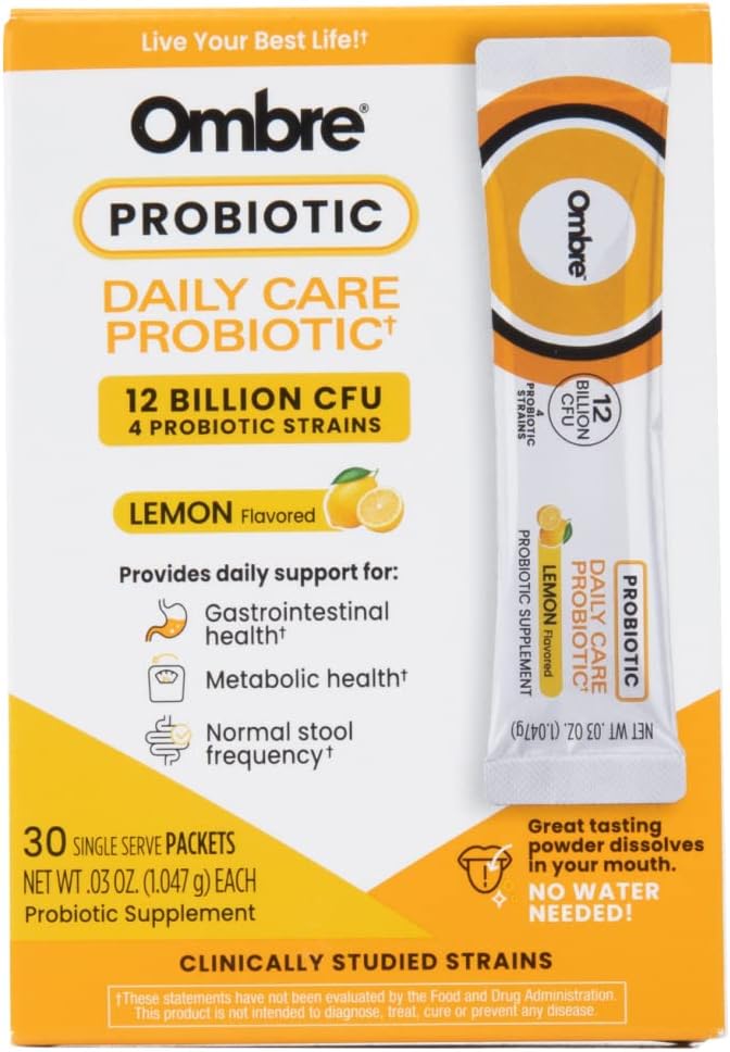 Ombre Daily Care Probiyotik Toz - Prebiyotikler ve Probiyotikler Kadınlar, Erkekler ve Çocuklar - Hızlı Dezenfek Sağlık ve Genel Sağlık - 12 Milyar CFU - Lemon Flavor, 30 Paketets