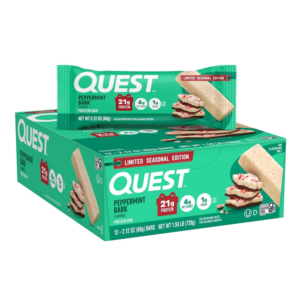 Quest Beslenme Peppermint Bark protein Bar, 21g protein, 4g Net Carb, 1g Sugar, Gluten Free, 12 Count