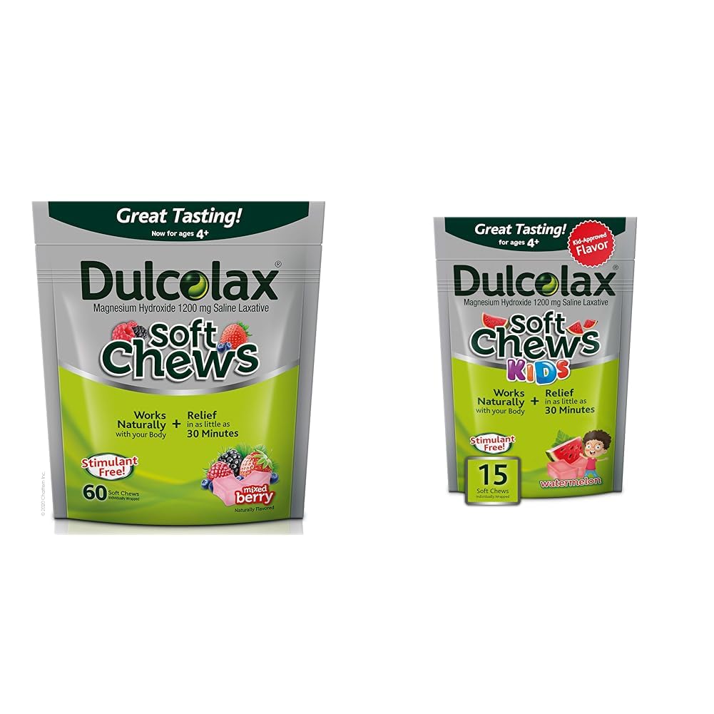 Dulcolax Soft Chews Saline Laxative Karma Berry (60ct) Gentle Constipation Relief & Kids Soft Chews Saline Laxative Watermelon Gentle Constipation Relief, Magnezyum