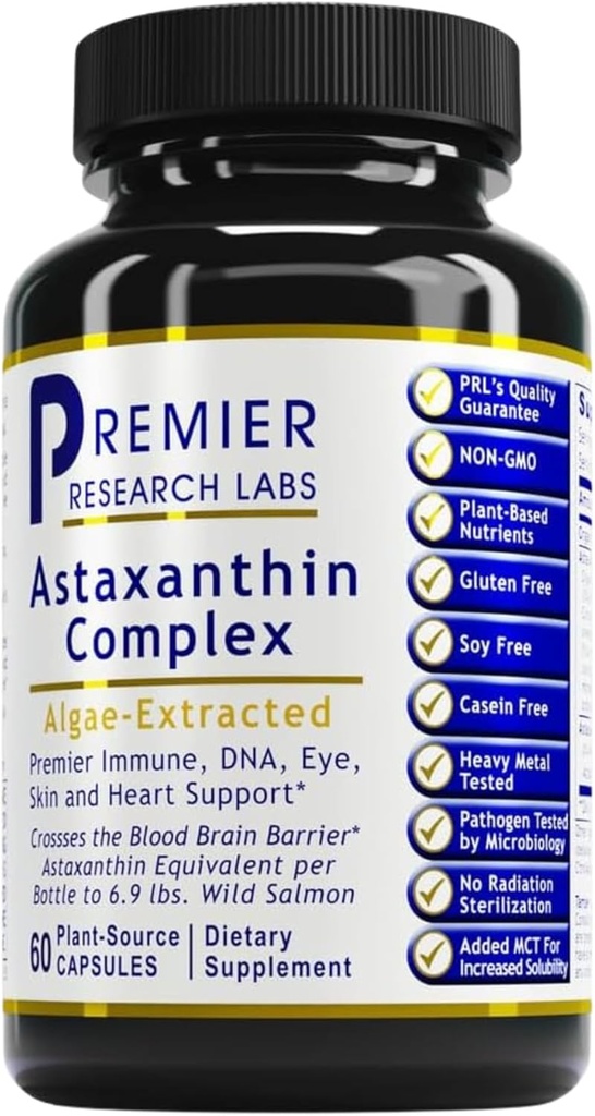 Premier Research Labs Premier Astaxanthin Kompleksi - Astaxanthin Supplements, Astaxanthin 4 mg per Capsule, Algae'den Kaynaklandı, Kadınlar ve Erkekler için Antioksit Destek - 60 Vegetarian Capsules