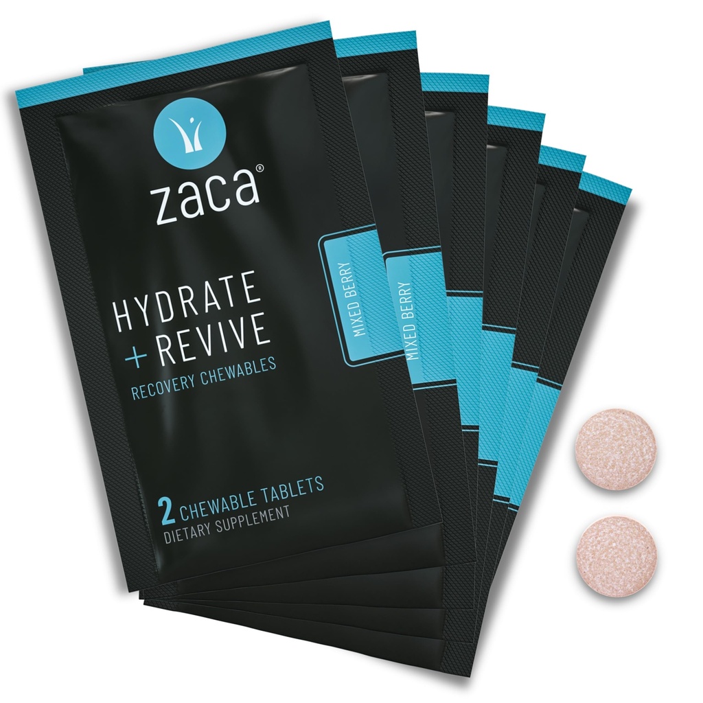 Zaca Recovery Chewable Supplement | Hydrate + Revive | Parti, Seyahat, Egzersiz ve Altitude | Sugar Free & Gluten Free | Karma Berry, 6 Packets = 12 Tabletler