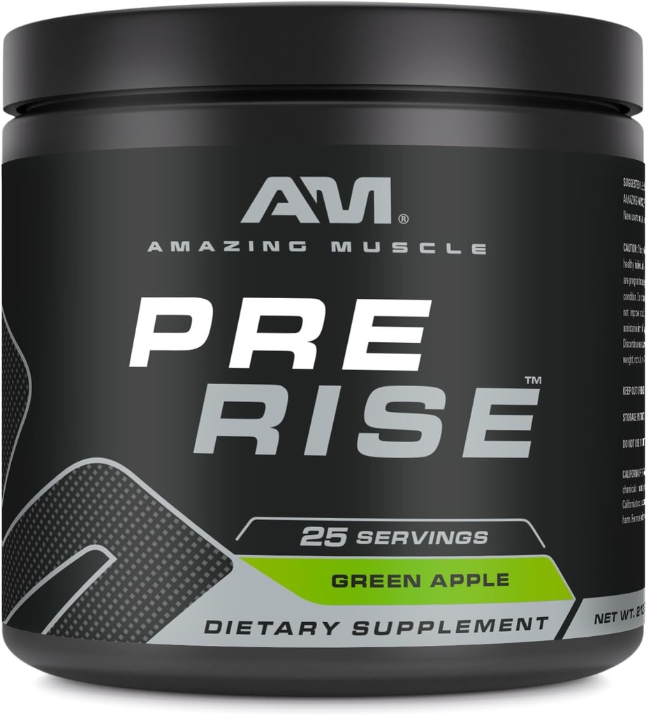 Amazing Muscle Pre Rise | Pre-Workout Toz Supplement with Caffeine & Beta-Alanine for Men & Women | 25 Servisler (25 Hizmet, Yeşil Apple)