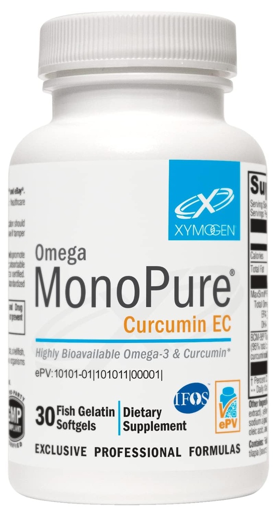 XYMOGEN Omega MonoPure Curcumin EC - Gelişen DHA EPA Aborpsiyon + Turmeric Extract - Omega-3 Supplement for Cytokine Balance Support (30 Softgels)