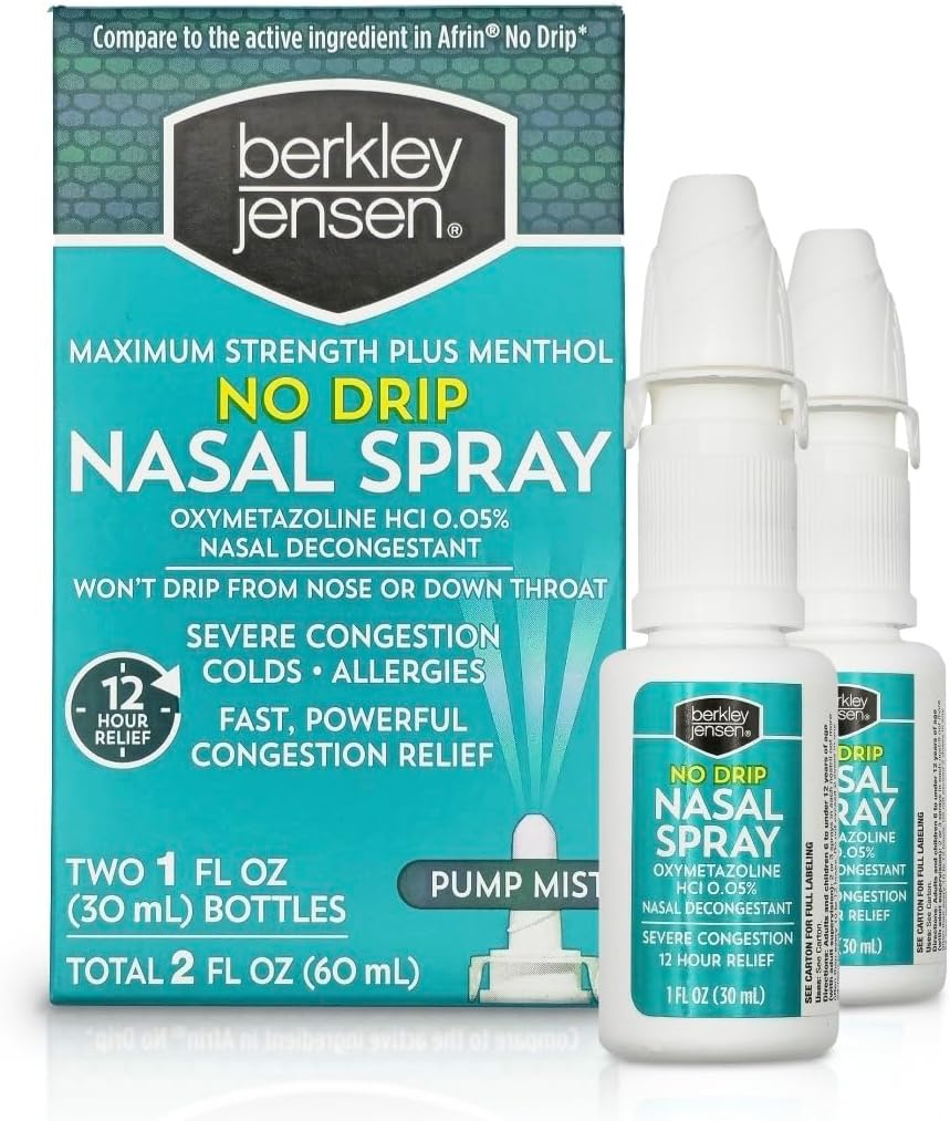 Berkley jensen No Drip Severe Congestion Nasal Spray - Oxymetazoline HCl & Menthol - Pump Mist Applicator, No Steroid, 12 Saat Yardım, 1 Akış Ounce (Brook of 2)