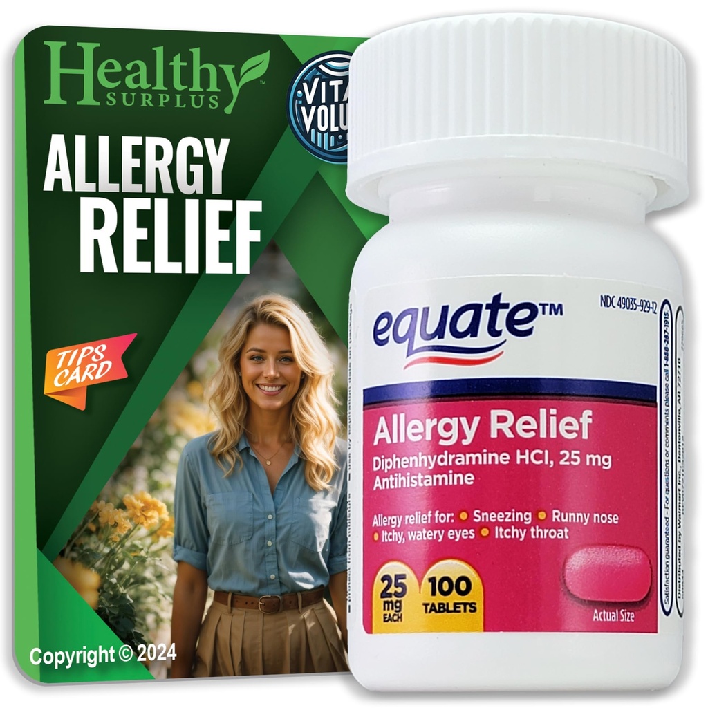 Sağlıklı Surplus® Vital Volumes Tips Card & Equate Antivirüs Relief Diphenhydramine HCL, 25 mg 100 Tablet