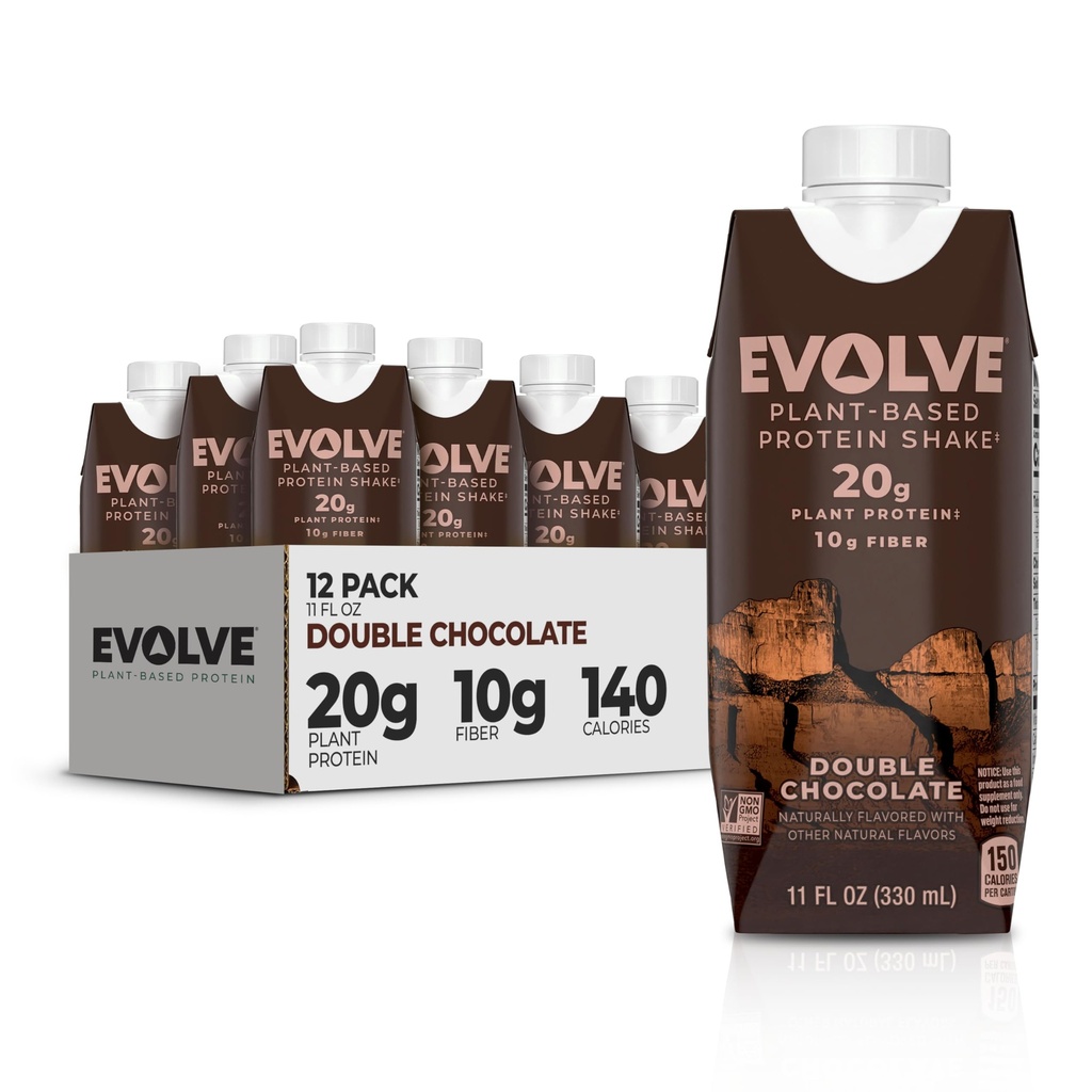 Evolve Plant Based Protein Shake, Double Chocolate, 20g Vegan Protein, Süt Free, No Yapay Sweeteners, Non-GMO, 10g Fiber, 11 Fl Oz ( 12. paketi) - (Formula Vary)