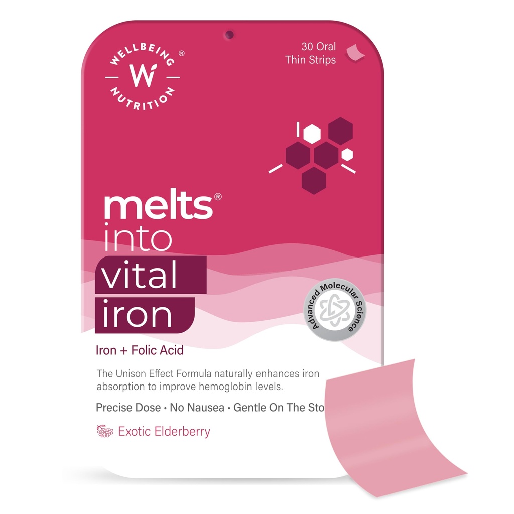 WELLBEING NUTRITION Melts Nano Iron | Plantive Iron, Beetroot, İsviçre Chard, Riley Tohumlar, C vitamini ve Folate for I improve Hemoglobin, Oksijen Binding Kapasite ve Kan Binası (30 Oral Strips)