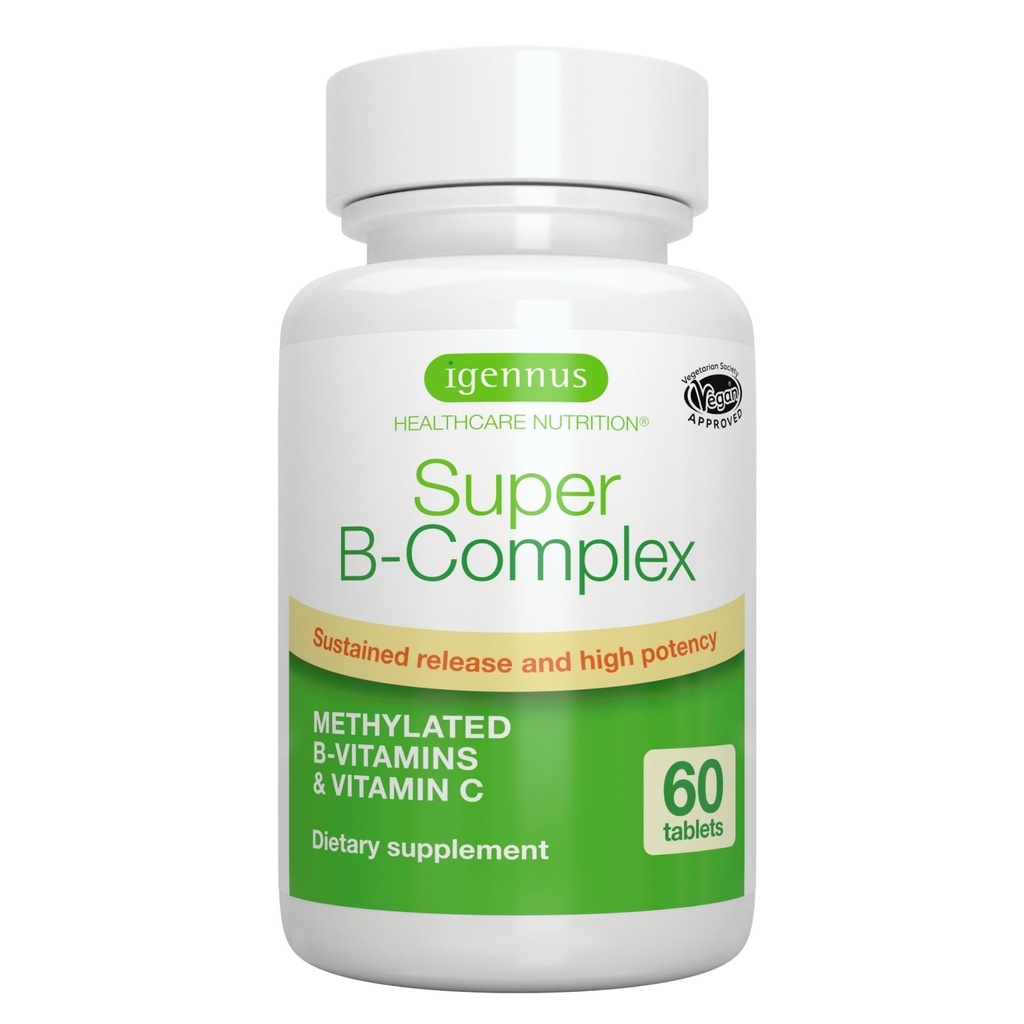 Igennus Super B-Complex Torchated B Vitamins - Sustained release, Clean Label & High Abxia, 5-MTHF Folate & Torch B12, Enerji, Mood & Cognitive Performance, Lab Onaylandı, 60 Küçük Tabletler