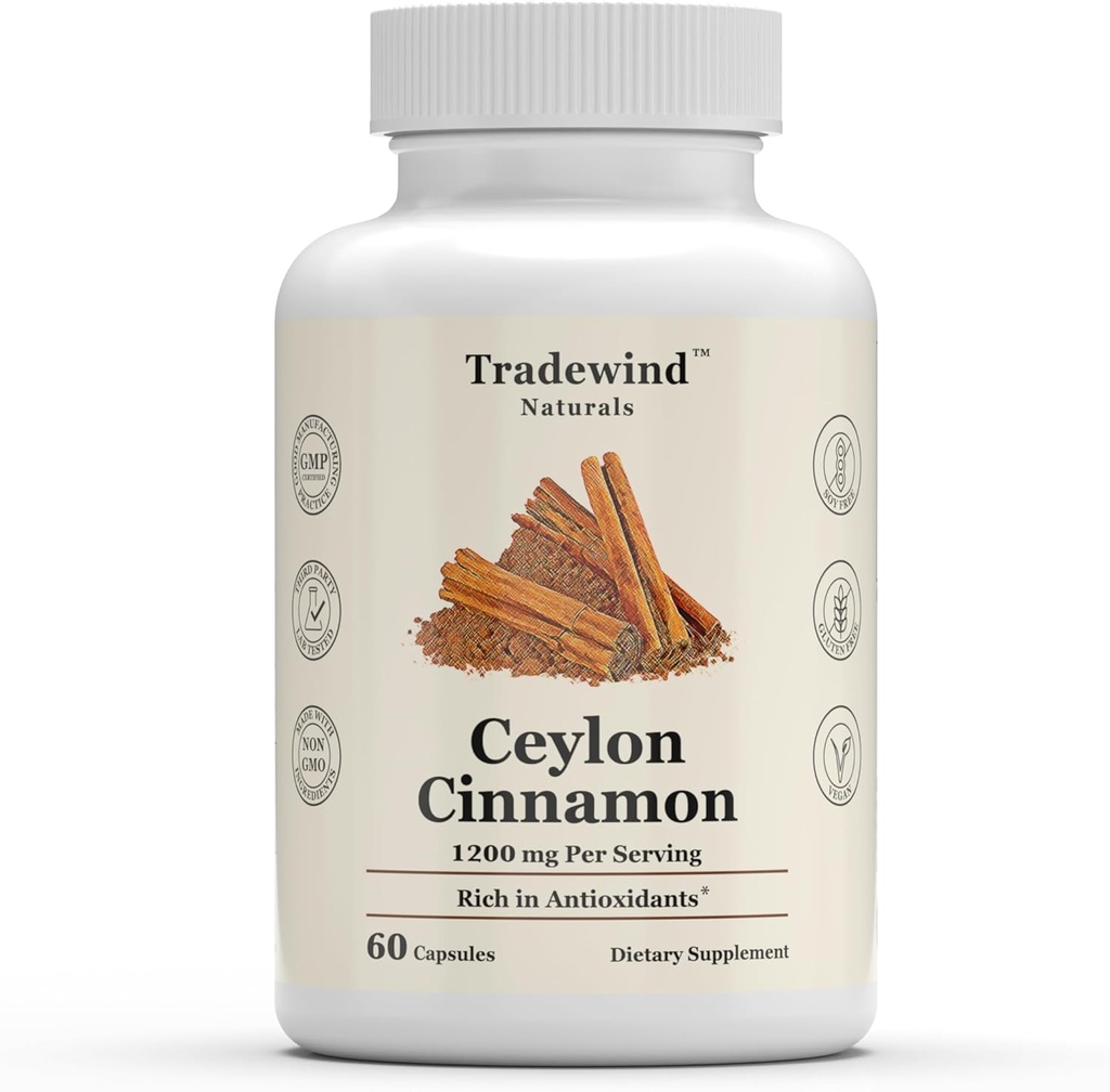Ceylon Cinnamon 1200 mg - Pure Ceylon Cinnamon - Vegan - Non-GMO - Destek Kalp ve Bilişsel Sağlık - Antioksitlerde Zengin - 60 Sebze Kapsülleri - ABD'de Made in the USA