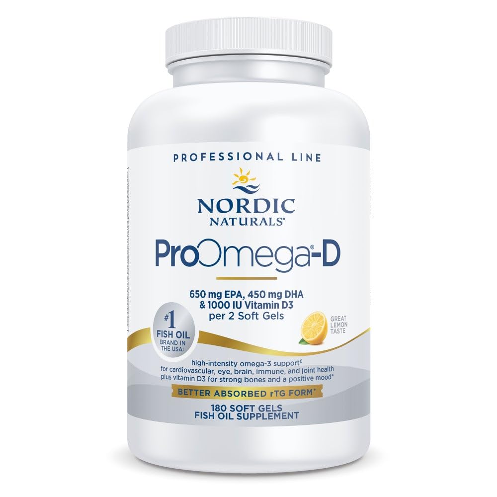 Nordic Naturals ProOmega-D, Limon Flavor - 180 Soft Gels - 1280 mg Omega-3 + 1000 IU D3 - Yüksek Yeterli Balık Petrol - EPA & DHA - Beyin, Eye, Heart, & Immune Health - Non-GMO - 90 Servisler