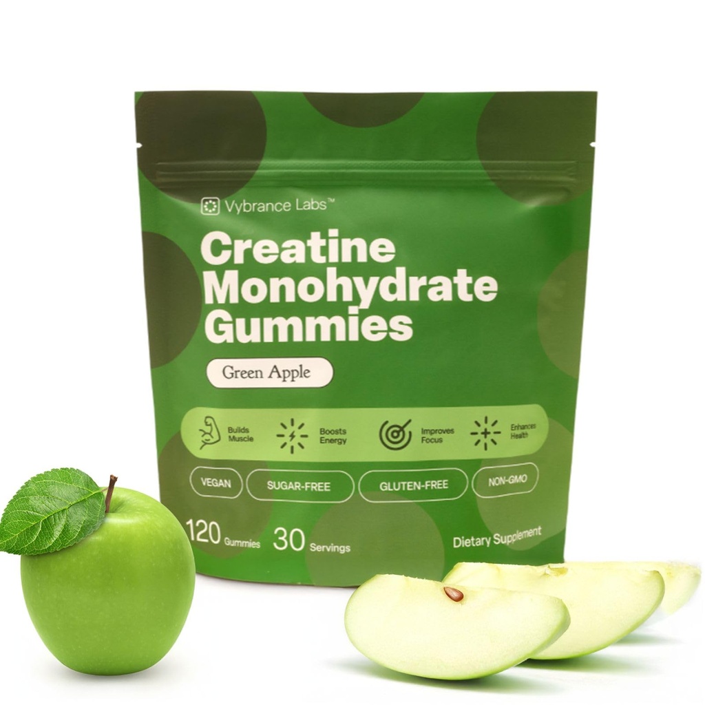Kretine Gummies 5g Monohidrat + Taurine & B12 - Sugar-Free, Vegan, Gluten-Free - Green Apple - 120 Kont (30 Hizmet) Güçlü, Enerji ve Odak Odaklı