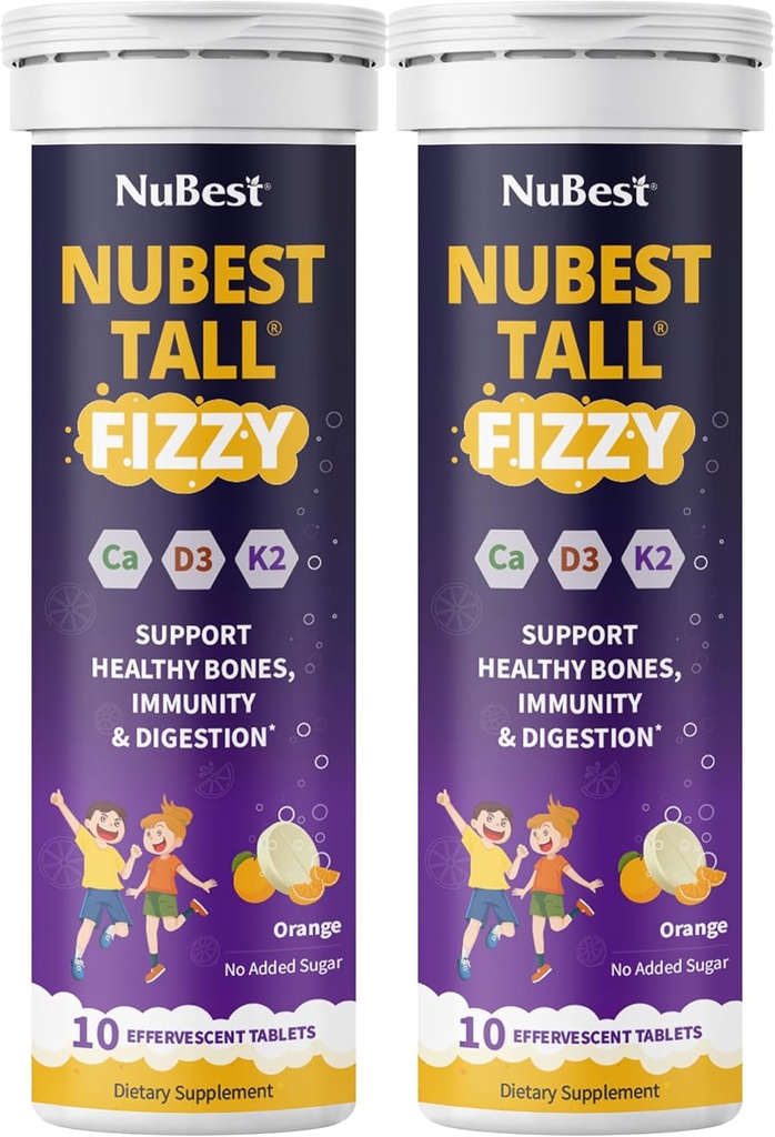 Nu Best Tall Fizzy | Bone Strength, Immunity, Digestive Health for Kids Age 4+ &Young | Probiyotik,uba, Red Marine Algae, Vitamins | 20 Orange Effervescent Tabletler | Paket 2