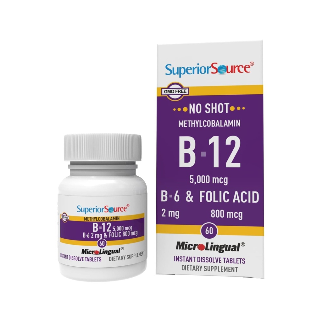 Üstün Kaynak No Shot Vitamin B12 Torchcobalamin (5000 mcg), B6, Folic Acid, Quick Dissolve Sublingual Tabletler, 60 Ct, Enerjiyi artırmak, Sağlıklı Kalp, Metabolism, Stres Desteği, Non-GMO