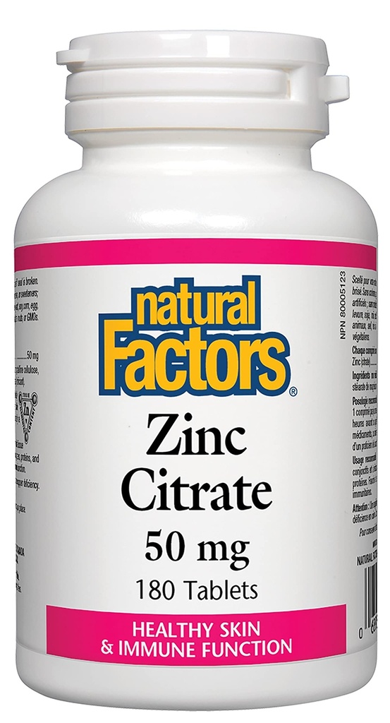 Doğal Faktörler - çinko Citrate 50 mg, Sağlıklı Cilt ve Immune Fonksiyonlar için Destek, 180 Tablet