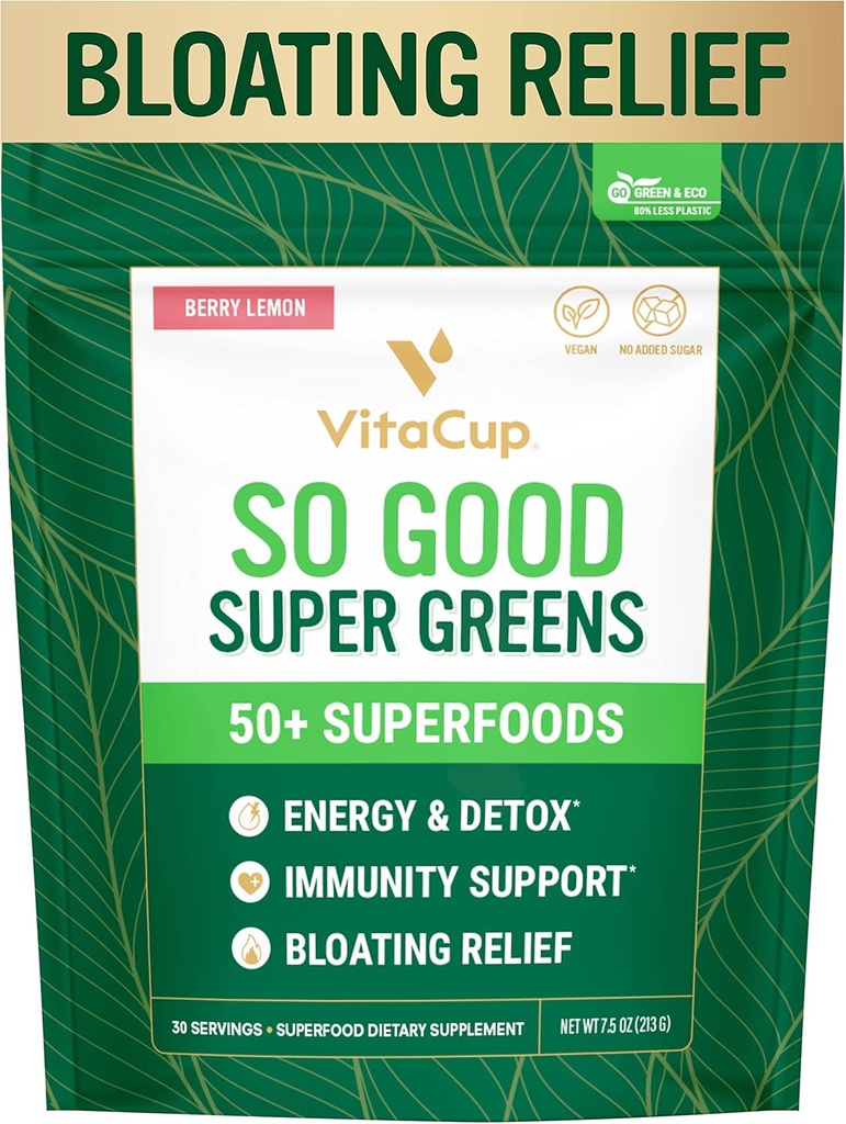 VitaCup So Good Super Greens Toz w/ 50+ Premium Superfoods, Boost Energy, Detox, Immunity w/Probiyotiks, Prebiyotiks, Fiber, Antioksis, Adaptogens, Spirulina, Berry Lemon,30 Hizmetler
