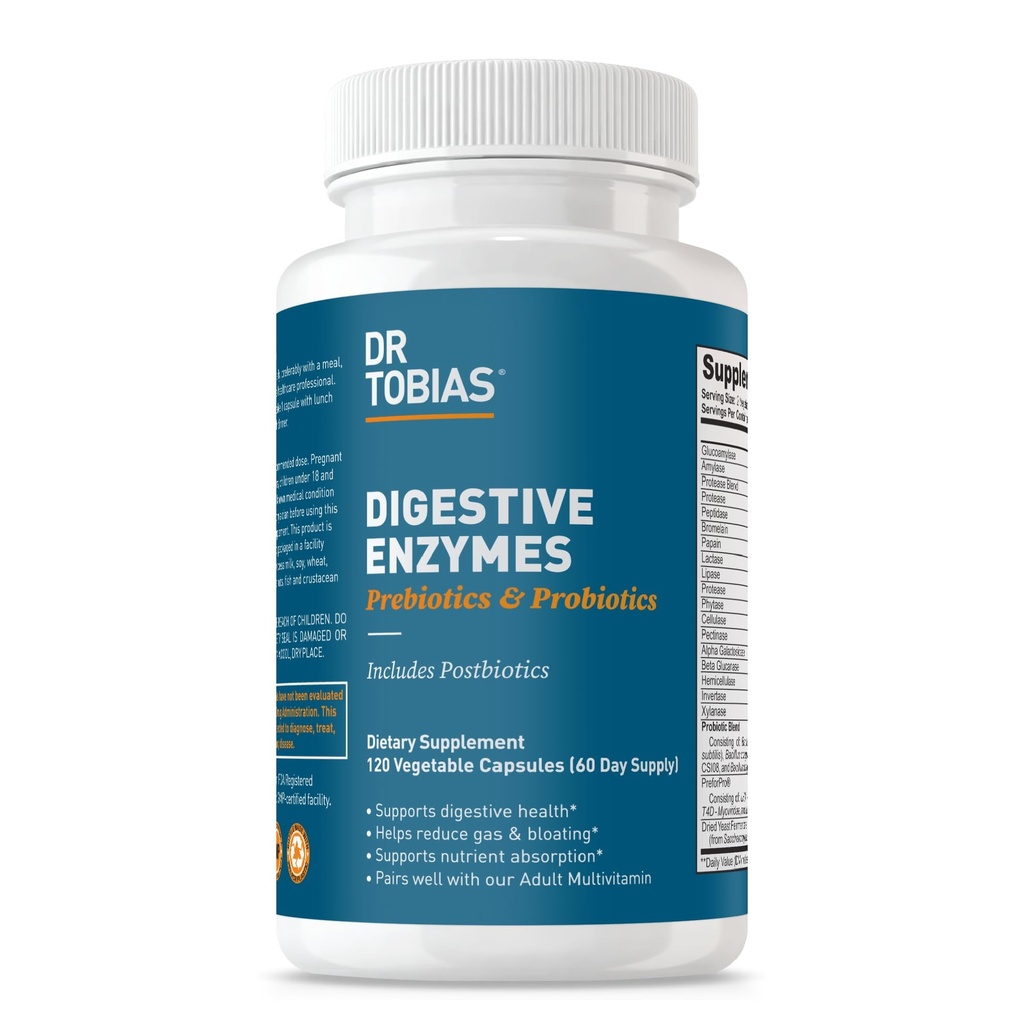 Dr. Tobias Probiyotiks, Prebiyotiks ve Postbiyotiks Bromelain, Amylase, Lipase, Better Digestion & Immune Function, 120 Capsules 60 Hizmetler (2 Günlük)