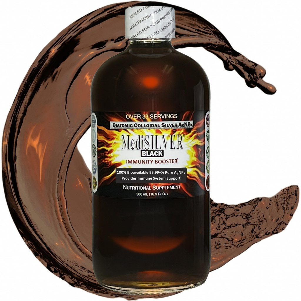 MediSILVER Black Immunity ATM Diatomic True Colloidal Silver AgNP Nutrient - 500 mL Clear Glass Şişe Şişe Şişe