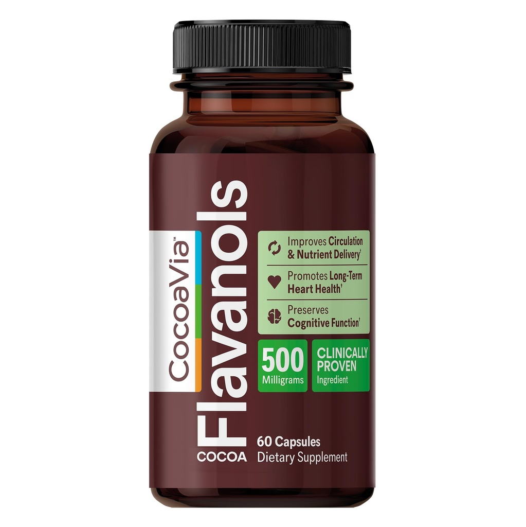 CocoaVia Cardio Health Supplement, 30 Gün, 500 mg Cocoa Flavanols, Support Heart Health, Boost Nitrik Oksit, Blood Circulation, Energy, Vegan, Dark Chocolate, 60 Capsules